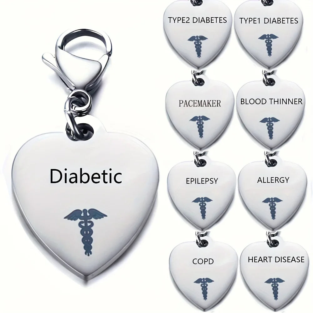 Heart-Shaped Medical ID Keychain Stainless Steel Diabetes Emergency Pendant