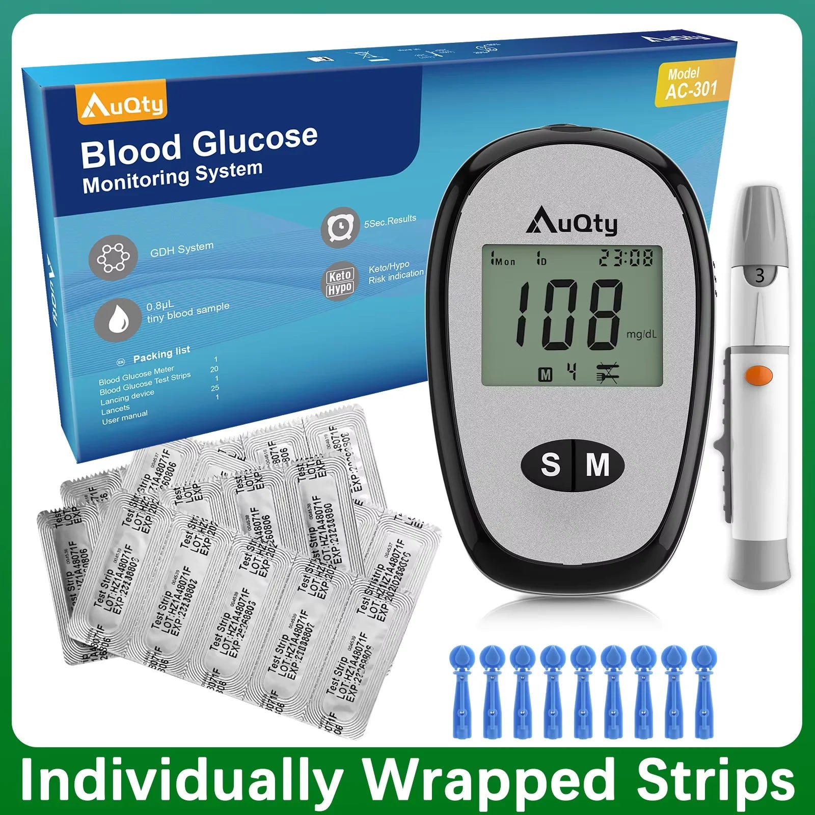 Blood Glucose Meter Kit Fast-Result Diabetes Monitor with Test Strips