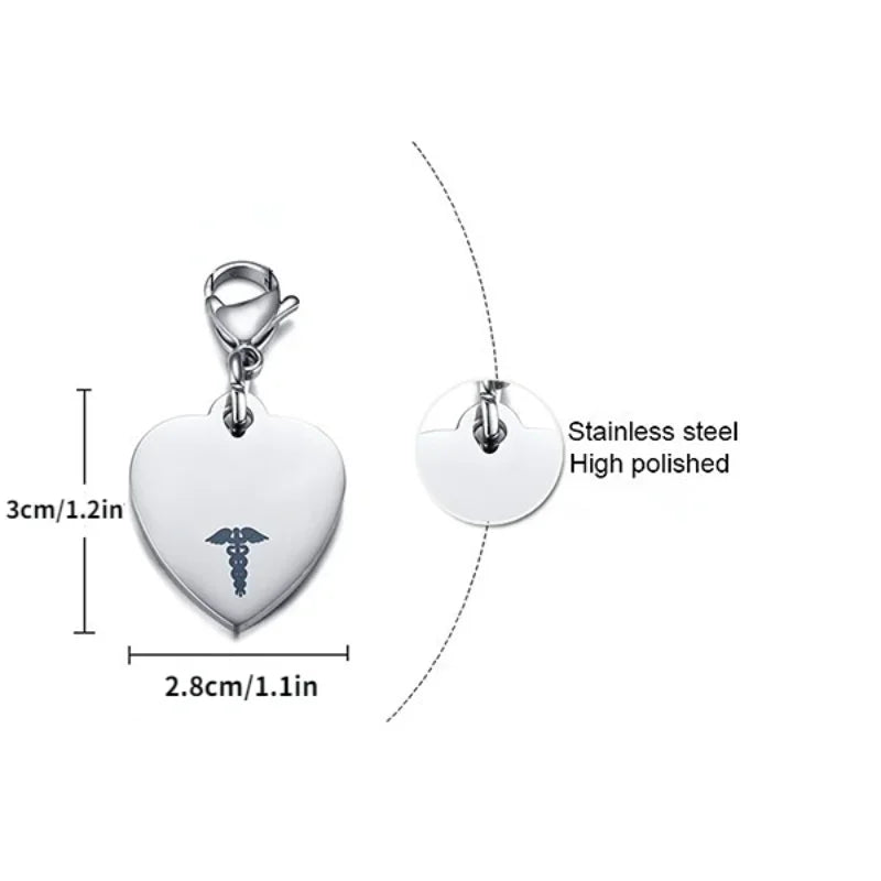 Heart-Shaped Medical ID Keychain Stainless Steel Diabetes Emergency Pendant