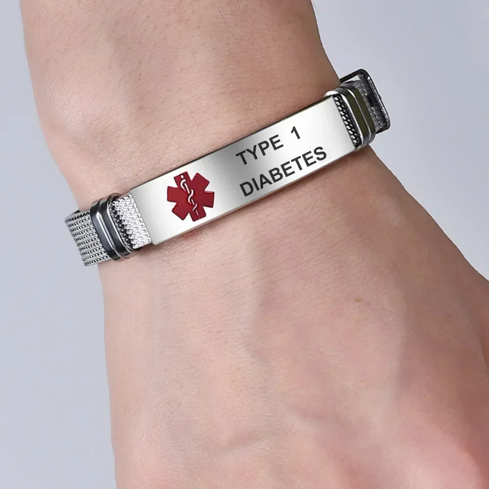Type 1 Diabetes Medical Alert ID Bracelet Stainless Steel Mesh ICE SOS